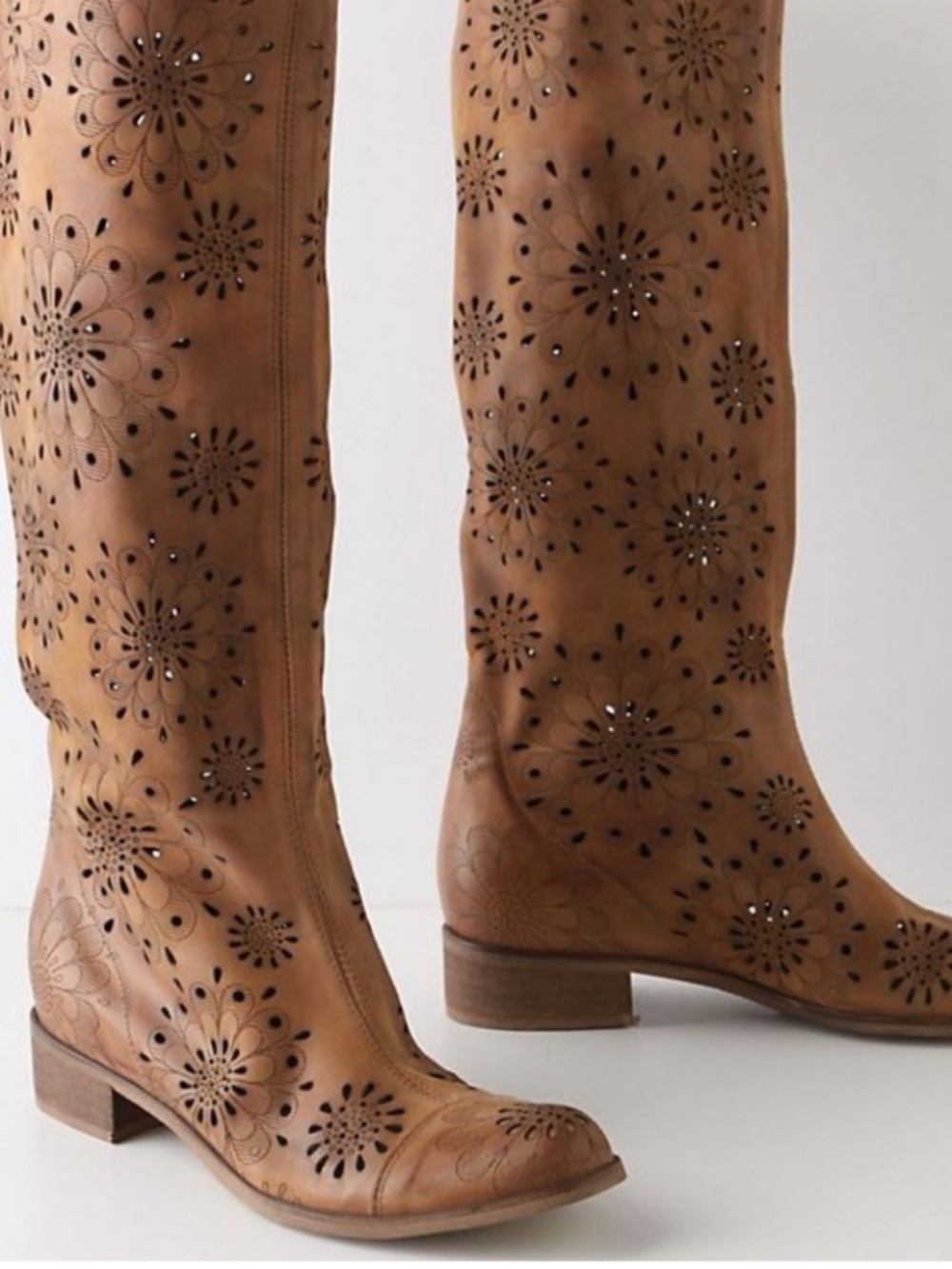 Anthropologie Foxglove by Pezella Leather Perforated Floral Knee High Boots 38